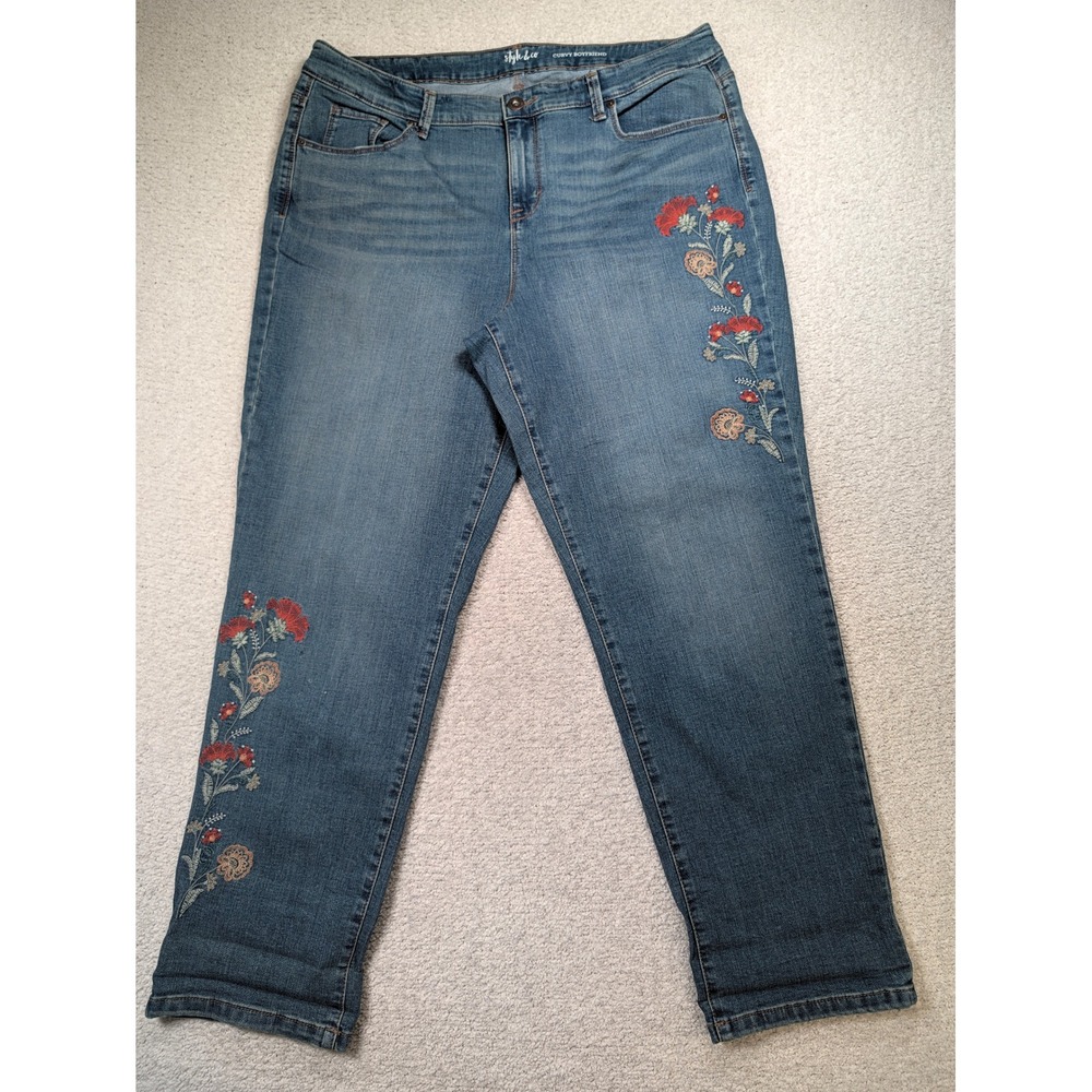 Style & Co Women Curvy Boyfriend Jeans SP17 Cotton Blue Floral Embroidered 16